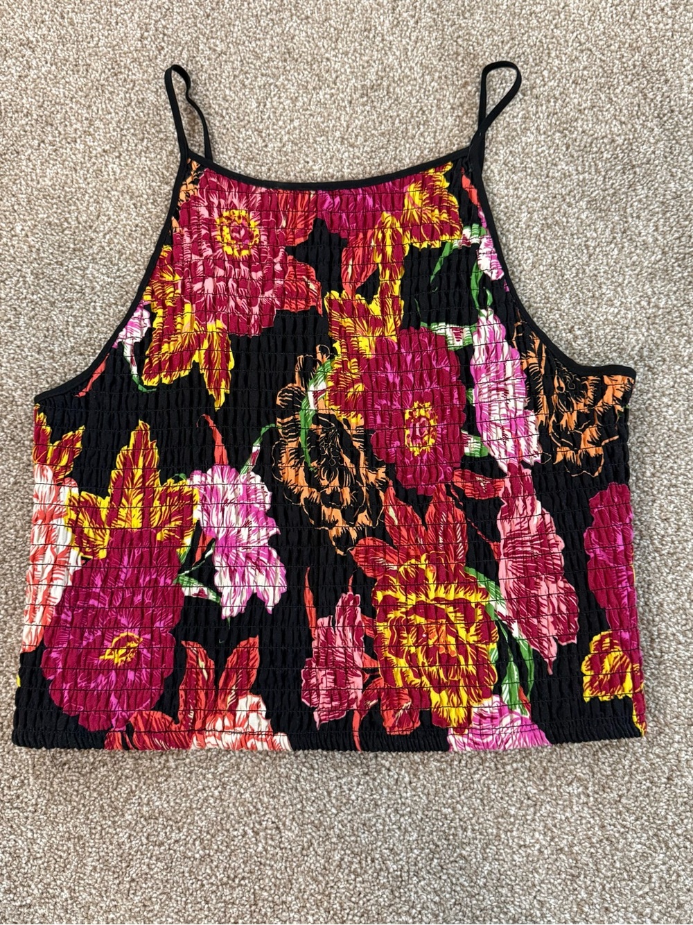 Xhilaration Black Floral Smocked Cami with Pink and Yellow Blooms